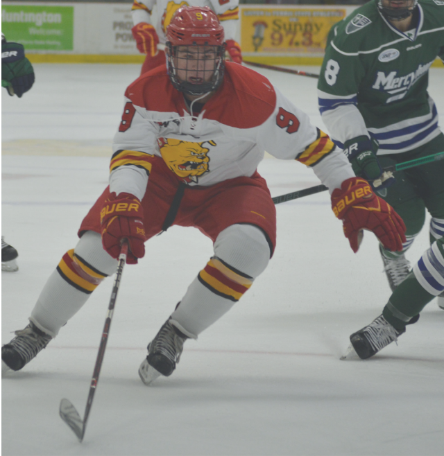 Ferris sophomore forward Lucas Finner searches for a scoring opportunity as he skates past Mercyhurst defenders.