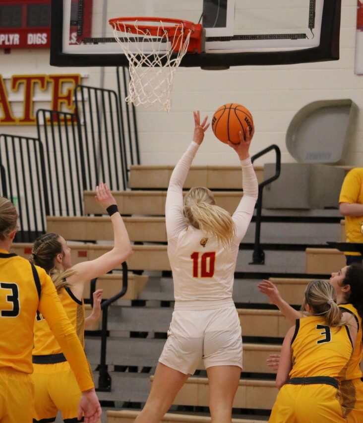 Chloe Idoni shoots a layup during Ferris’ 63-60 win over Michigan Tech. She had 34 points in the win.