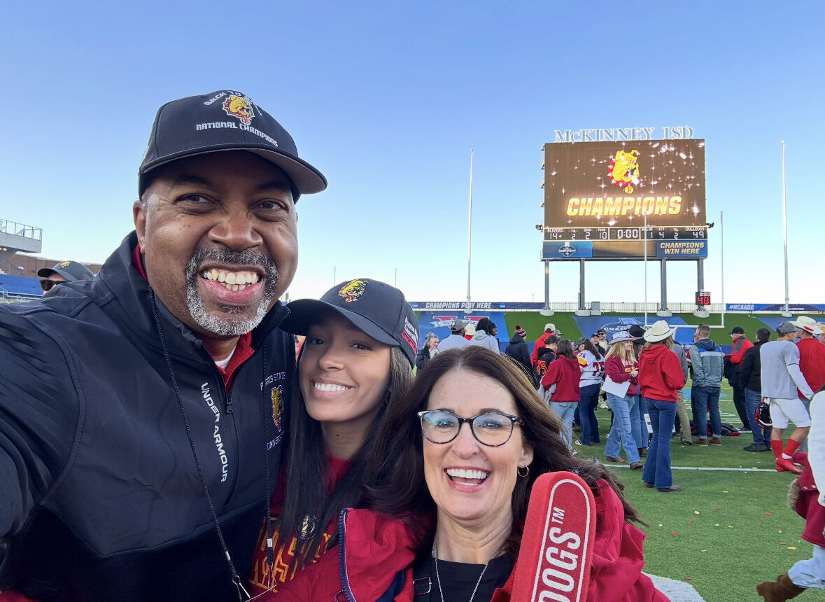 Lydia Pink (middle) seen with her father, Bill and mother, Lori, after the 2024 D2 National Championship football game in McKinney, Texas.