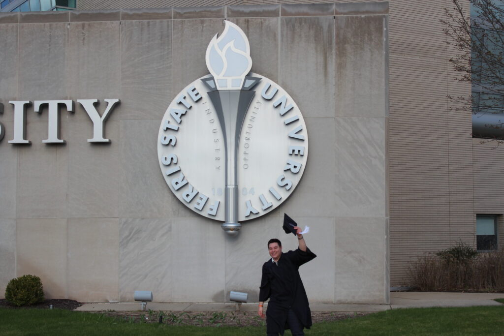 Gapinski wearing his cap and gown as his chapter at Ferris State finally comes to a close.