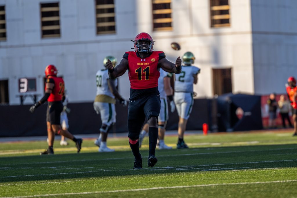 Tyrone Fowler celebrates a sack against Tiffin on September 13, 2025